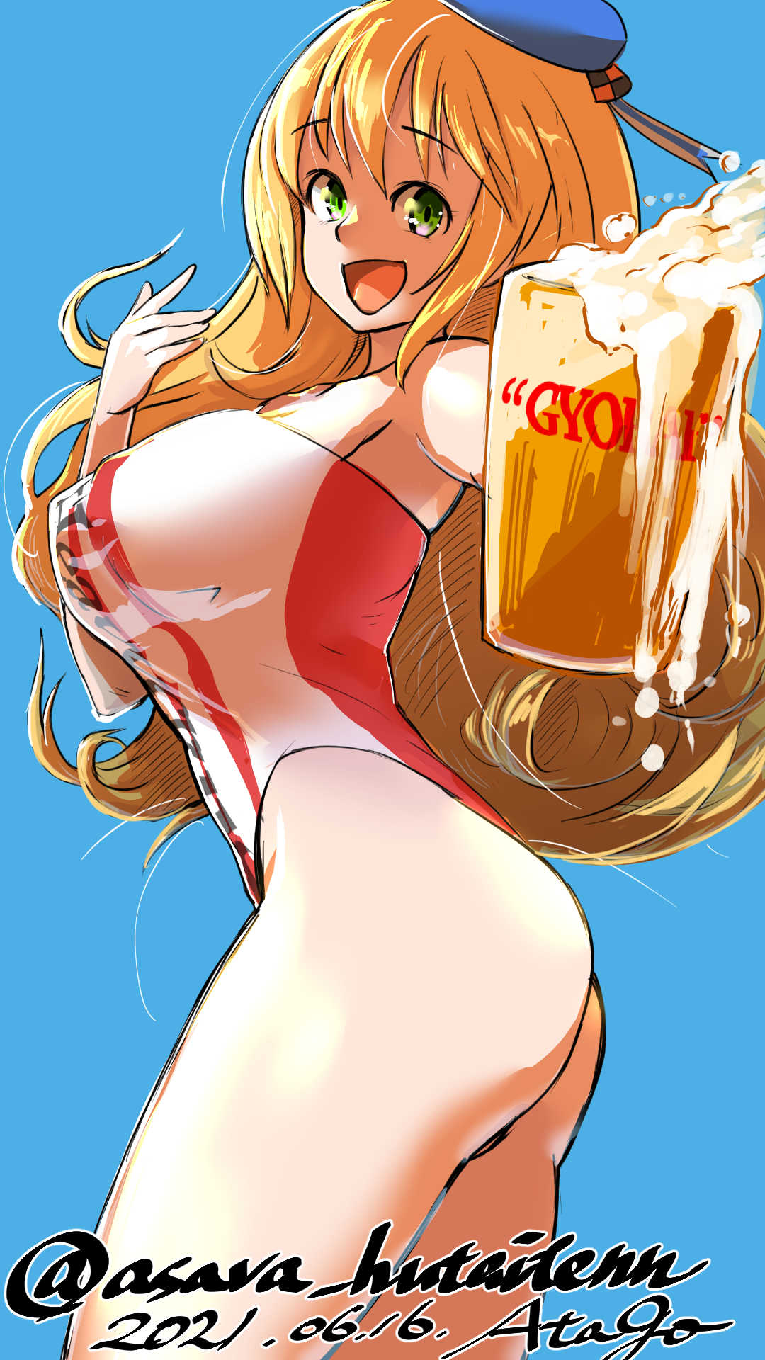 1girl, alcohol, asava_(hutaitenn), atago_(kancolle), beer, beer_mug, beret, blonde_hair