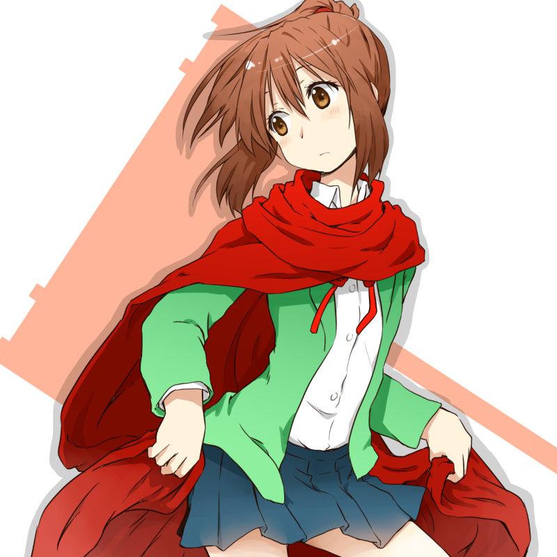 1girl, asahina_samidare, brown_eyes, brown_hair, cape, closed_mouth, hammer, hoshi_no_samidare