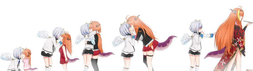 2girls, absurdres, age_difference, age_progression, ahoge, amane_kanata, angel_wings, blonde_hair, blue_hair, breasts, colored_inner_hair, commentary, dragon_girl, dragon_horns, dragon_tail, dress, hairband, halo, highres, hololive, hood, horns, jacket, kiryu_coco, kiss, legband, long_hair, makeitezz21, medium_breasts, miniskirt, multicolored_hair, multiple_girls, orange_hair, pipe, pointy_ears, red_dress, robe, shirt, side_slit, silver_hair, single_thighhigh, skirt, squatting, star_halo, streaked_hair, symbol_commentary, t-shirt, tail, thigh-highs, twitter_username, two-tone_hair, very_long_hair, virtual_youtuber, wings, yuri