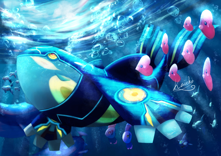 absurdres, air_bubble, alomomola, black_eyes, bubble, commentary, from_below, gen_2_pokemon, gen_3_pokemon, gen_5_pokemon, glowing, highres, kaichi_(tomiyu25), kyogre, legendary_pokemon, looking_up, luvdisc, no_humans, pokemon, pokemon_(creature), primal_kyogre, remoraid, sharpedo, signature, swimming, underwater, wailord, water_surface
