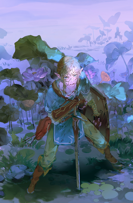 1boy, armor, arrow_(projectile), bangs, blonde_hair, blood, blood_on_face, blue_flower, boots, brown_footwear, brown_gloves, brown_pants, collarbone, flower, full_body, gloves, holding, holding_shield, holding_weapon, knee_boots, legs_apart, link, long_sleeves, looking_at_viewer, male_focus, outdoors, pants, pauldrons, pointy_ears, quiver, shield, short_sleeves, shoulder_armor, solo, standing, starstruckdon, sword, the_legend_of_zelda, the_legend_of_zelda:_breath_of_the_wild, tunic, weapon