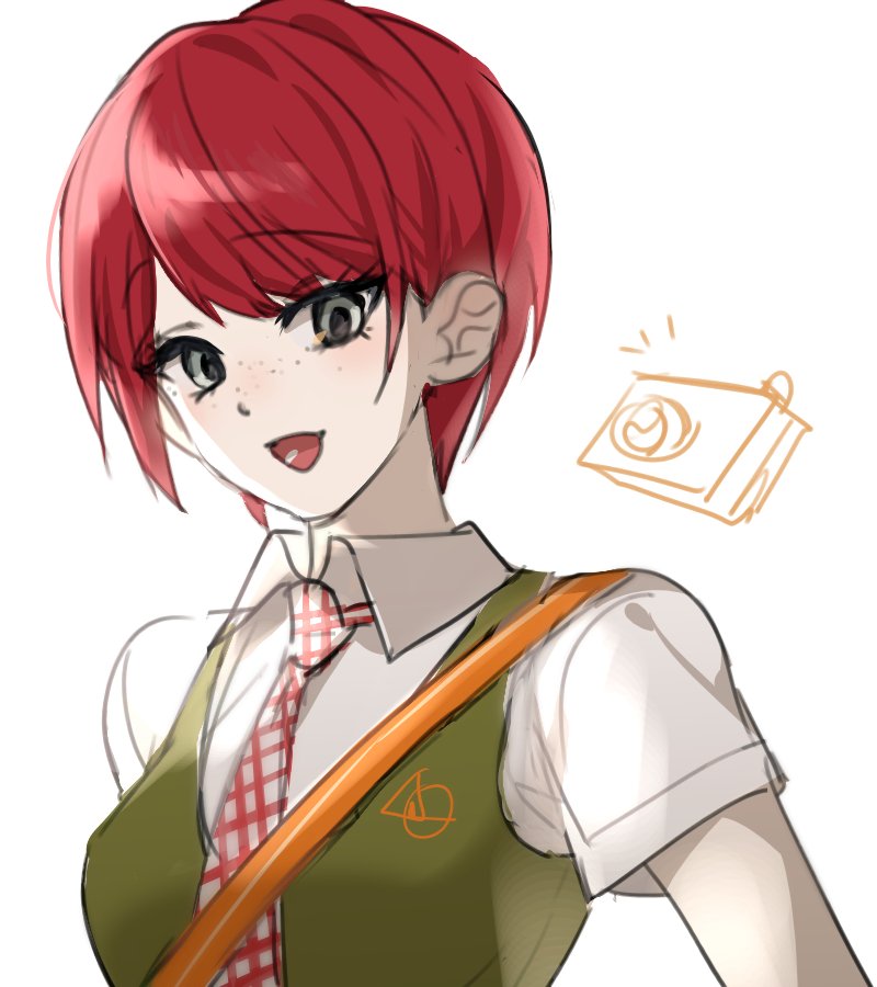 1girl, :d, bangs, blush, breasts, collared_shirt, commentary_request, dangan_ronpa_(series)