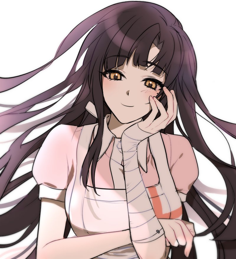 1girl, apron, bandaged_arm, bandages, bangs, black_hair, blunt_bangs, blush