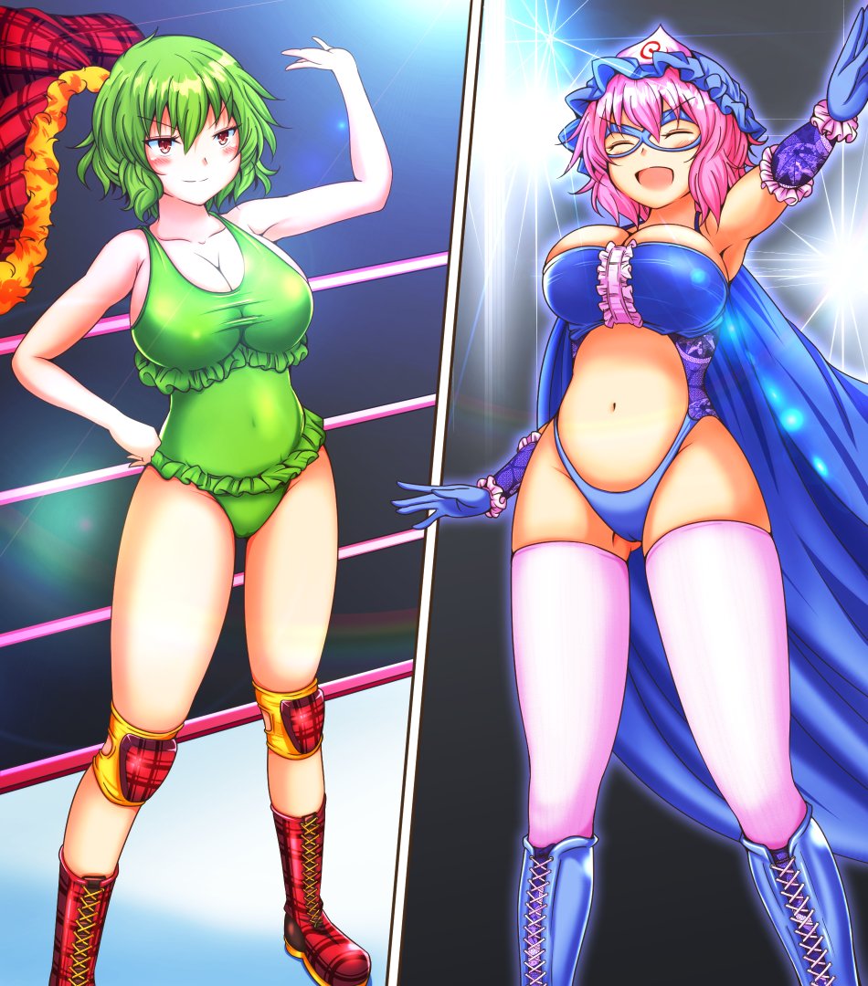 2girls, alternate_costume, arena, boots, breasts, cape, erechan, green_hair