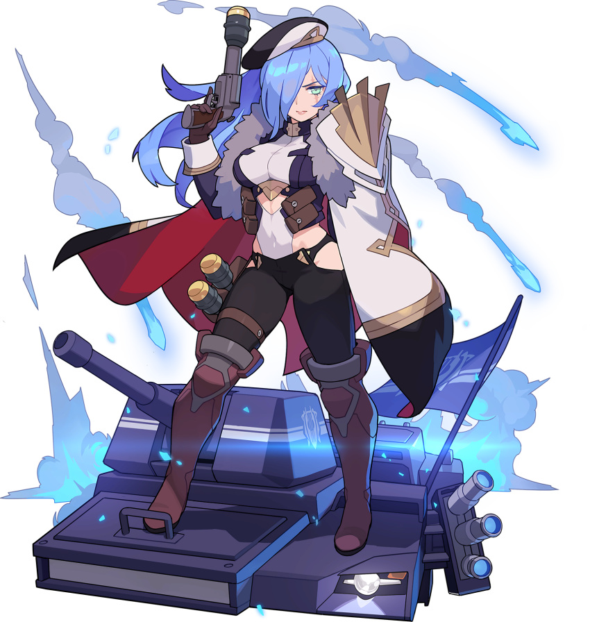 1girl, armor, armored_boots, armored_car, armored_vehicle, artist_request, bangs, beret