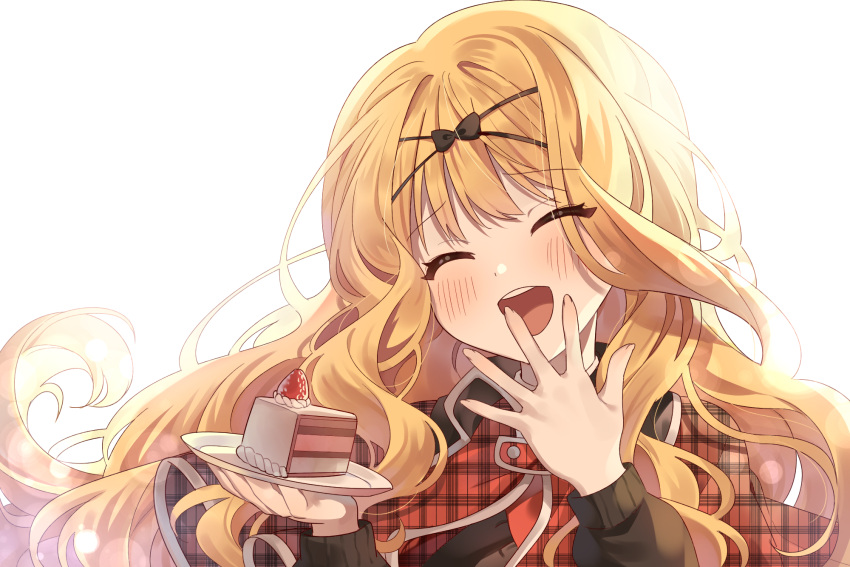 1girl, bangs, blonde_hair, blush, cake, cake_slice, closed_eyes, cross_hair_ornament
