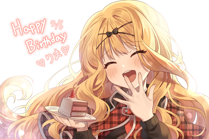 1girl, bangs, blonde_hair, blush, cake, cake_slice, closed_eyes, cross_hair_ornament