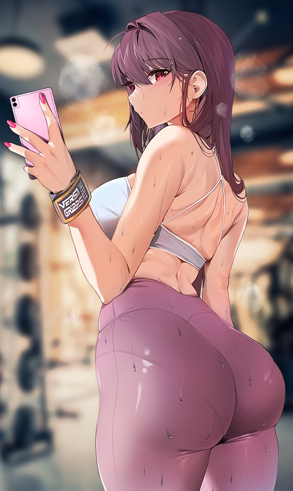 1girl, ass, bangs, breasts, cellphone, closed_mouth, commentary_request, damda