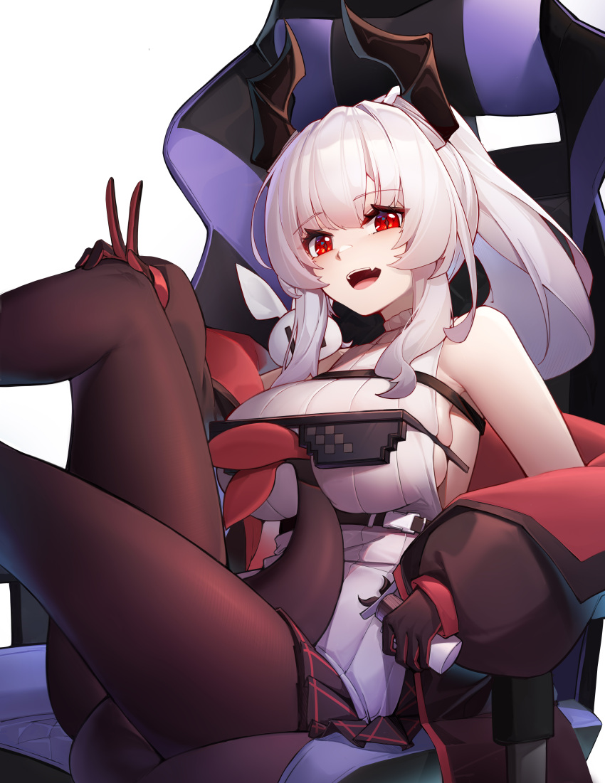 1girl, :d, absurdres, bangs, bare_shoulders, between_legs, black_gloves, black_jacket