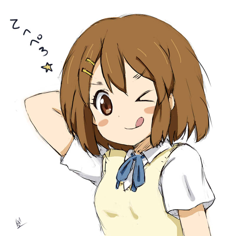 1girl, ;d, arm_up, blue_neckwear, blue_ribbon, blush_stickers, brown_eyes, brown_hair