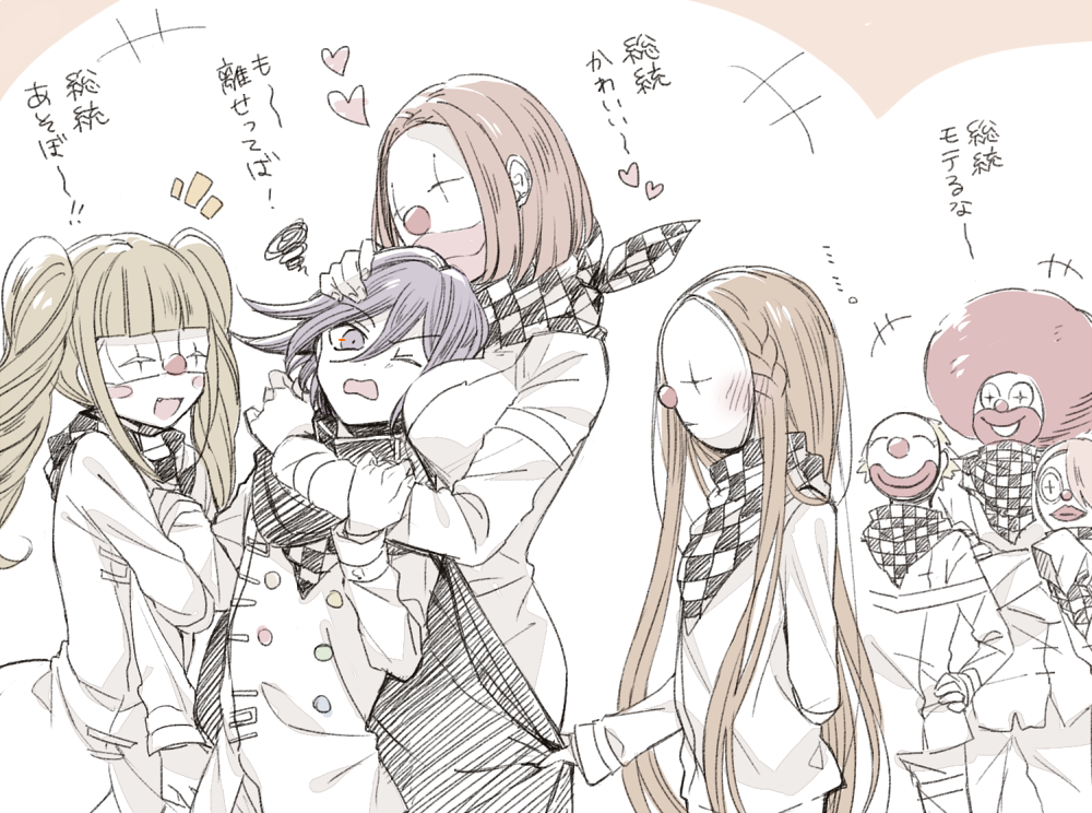3girls, 4boys, :d, afro, bangs, blush, braid, breast_press