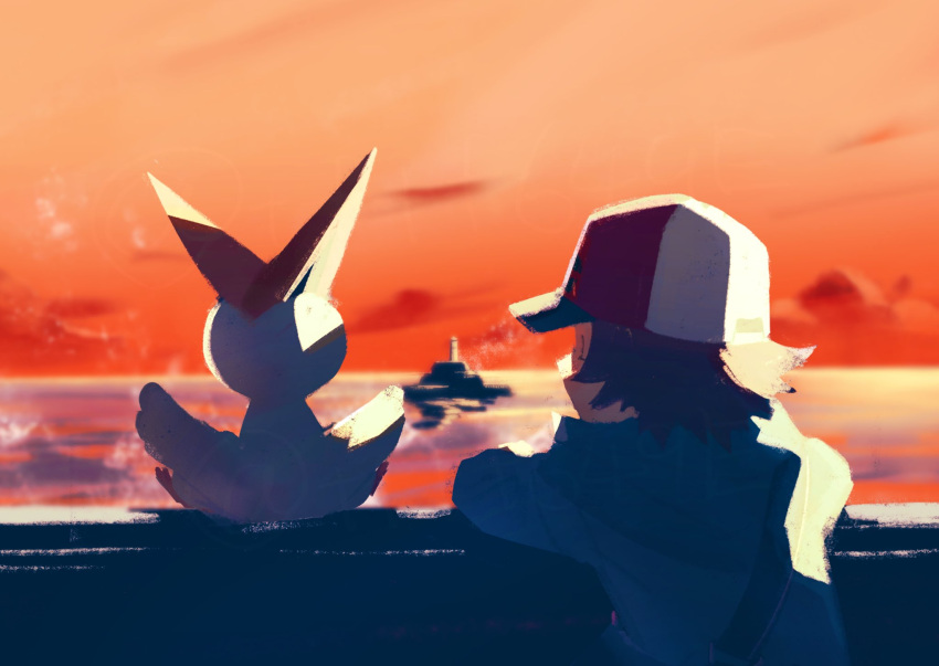 1boy, baseball_cap, blue_jacket, boat, clouds, gen_5_pokemon, hat, highres