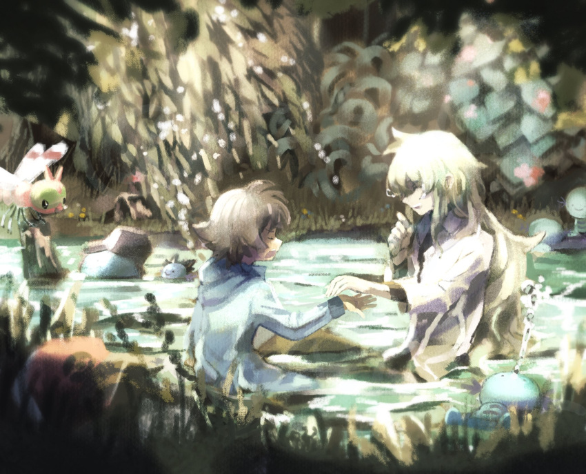 2boys, bangs, blue_jacket, blurry, brown_hair, clenched_hand, closed_eyes, collared_shirt