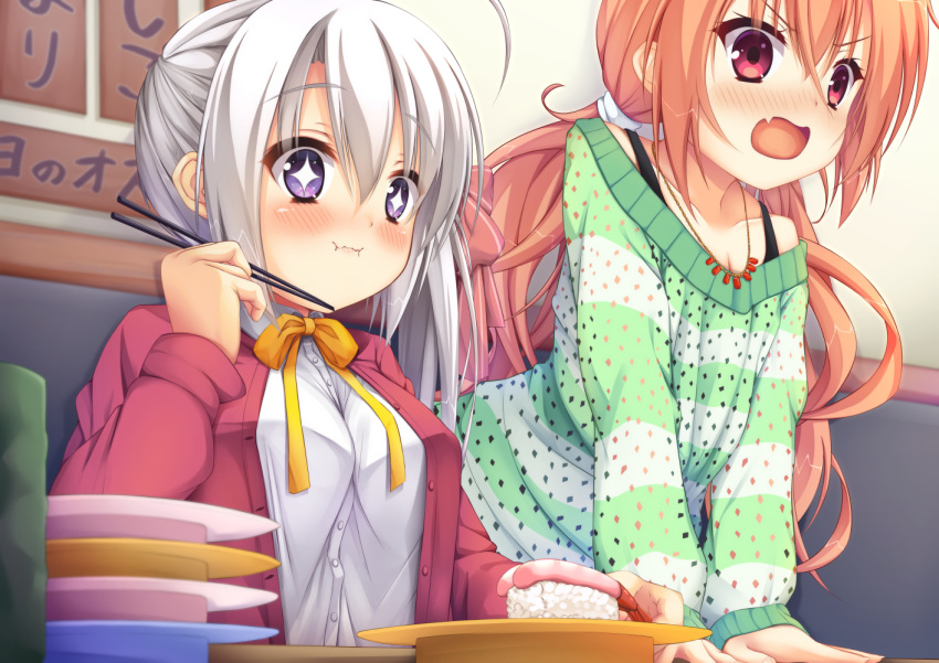 +_+, 2girls, angry, ayachi_nene, breasts, buttons, cardigan, casual, chopsticks, eating, eyebrows_visible_through_hair, fang, food, inaba_meguru, jewelry, momoirocharinko, multiple_girls, neck_ribbon, necklace, orange_hair, plate, ribbon, sanoba_witch, shirt, side_ponytail, sitting, sushi, violet_eyes, white_hair, white_shirt, yuzu-soft
