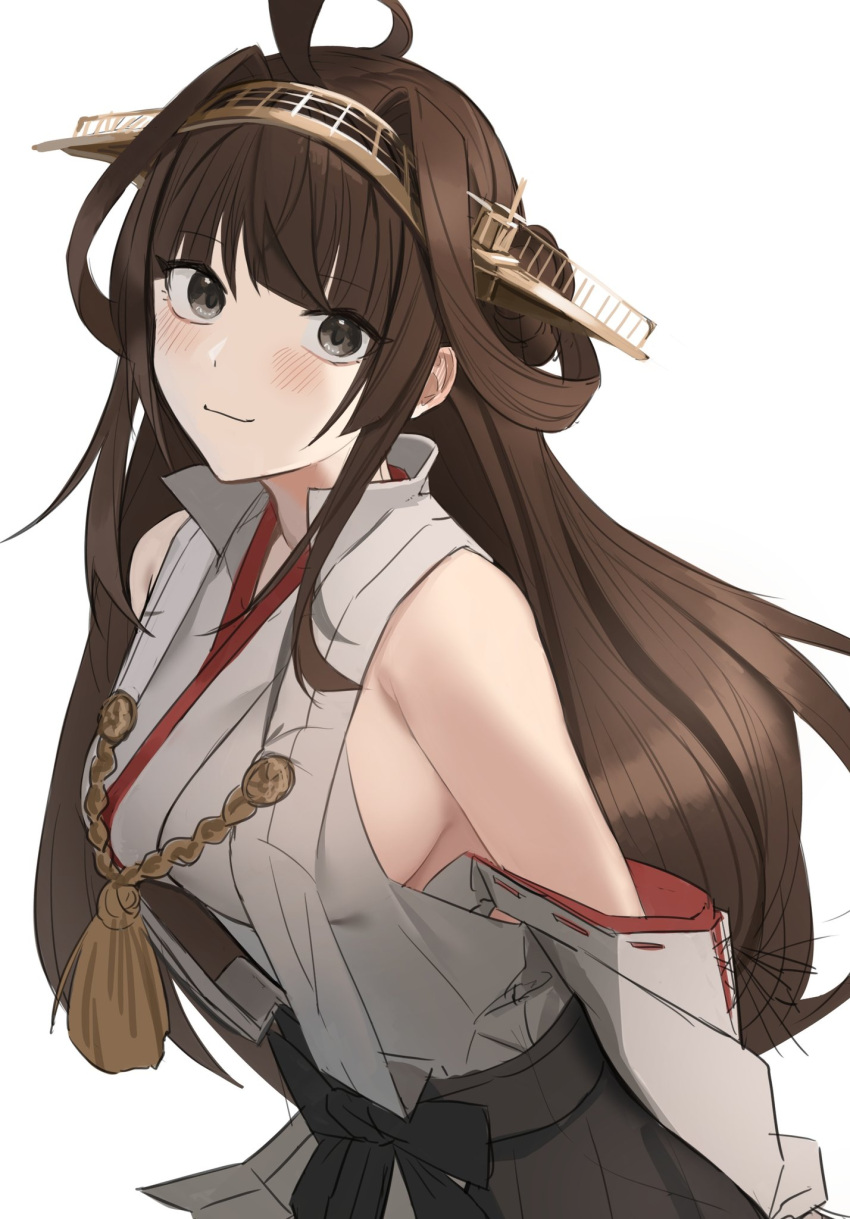 1girl, ahoge, bangs, black_eyes, blush, breasts, brown_hair, detached_sleeves