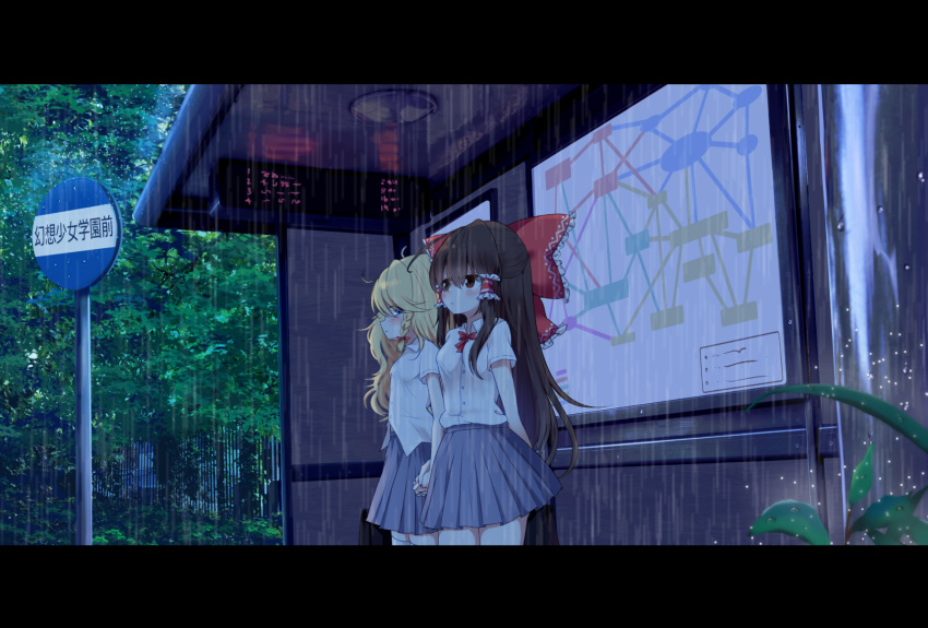 2girls, blonde_hair, blue_eyes, bow, breasts, brown_eyes, brown_hair, commentary_request