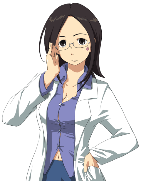 adjusting_glasses, bespectacled, breasts, brown_hair, cleavage, eureka_7, eureka_seven, eureka_seven_(series), glasses, hand_in_pocket, labcoat, nagian, navel, simple_background, solo, talho, talho_yuuki