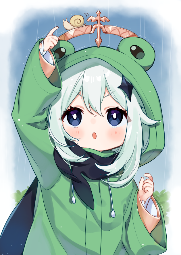 1girl, animal_hood, arm_up, bangs, blue_eyes, blush, commentary_request, drawstring