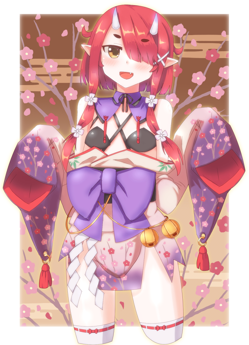 1girl, :d, bangs, bare_shoulders, bell, blush, bow, commentary_request