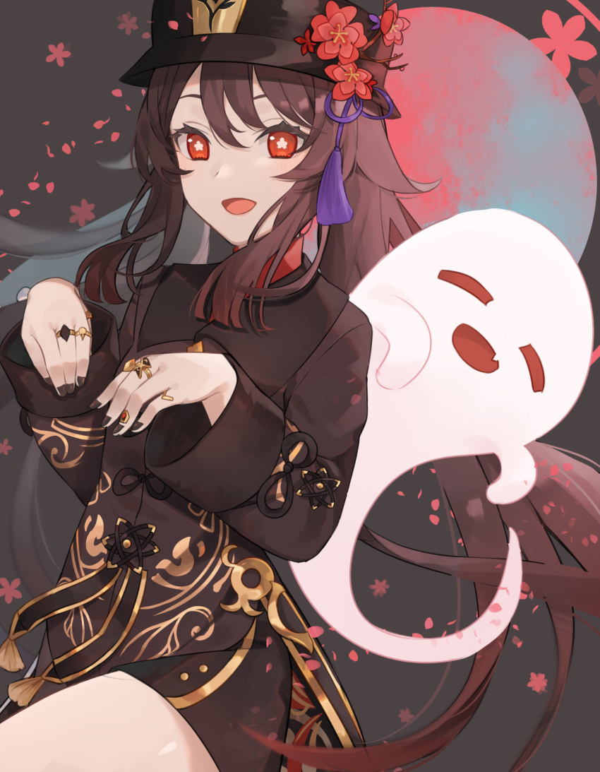 1girl, :d, bangs, black_hair, black_shorts, chinese_clothes, commentary_request, eyebrows_visible_through_hair