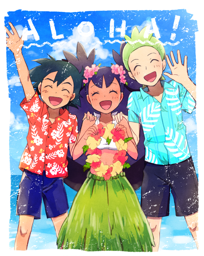 1girl, 2boys, alternate_costume, ame_(ame025), arm_up, ash_ketchum, bangs, black_shorts, blue_shorts, blush, border, buttons, cilan_(pokemon), closed_eyes, clouds, collared_shirt, commentary_request, day, eyelashes, facing_viewer, grass_skirt, green_hair, green_shirt, hand_on_another's_shoulder, hand_up, happy, hawaiian_shirt, holding, iris_(pokemon), knees, multiple_boys, open_mouth, outdoors, pokemon, pokemon_(anime), pokemon_bw_(anime), purple_hair, red_shirt, shirt, short_hair, short_sleeves, shorts, sky, smile, tongue, white_border, wreath, |d
