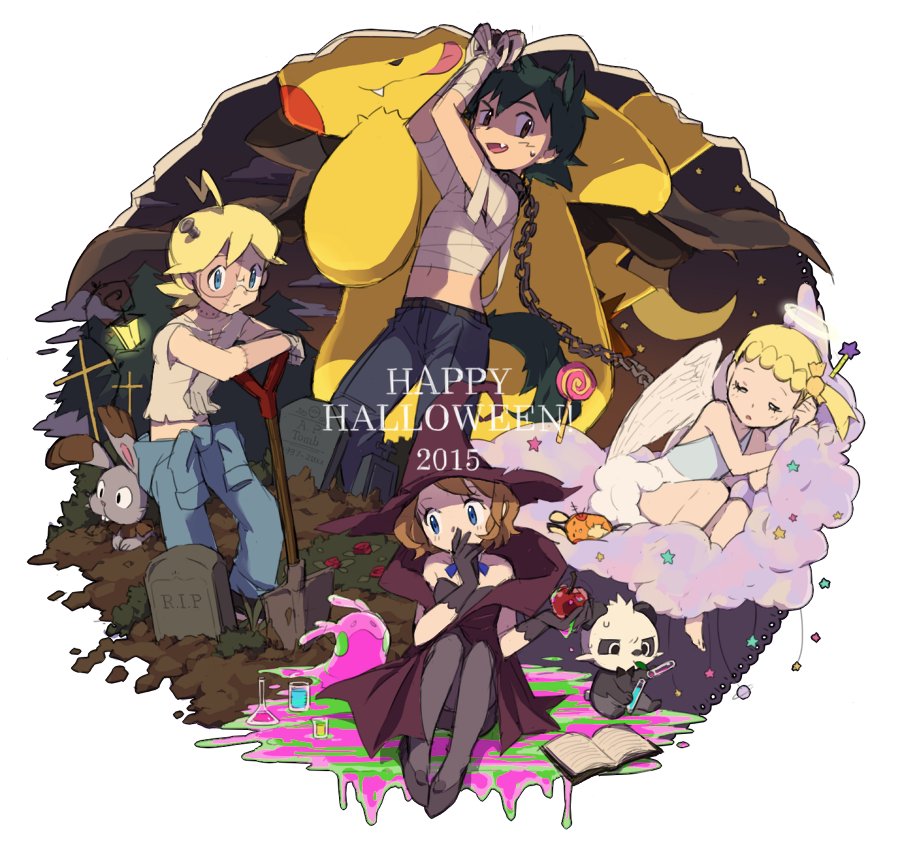 2015, 2boys, 2girls, ame_(ame025), ash_ketchum, bandages, bangs, blonde_hair, blue_eyes, bonnie_(pokemon), book, brother_and_sister, brown_eyes, bunnelby, candy, chain, clemont_(pokemon), clouds, commentary_request, dated, dedenne, dirt, fang, female, food, gen_1_pokemon, gen_6_pokemon, glasses, gloves, goomy, green_hair, halloween, halloween_costume, happy_halloween, hat, lollipop, male, multiple_boys, multiple_girls, open_mouth, pancham, pants, pikachu, pokemon, pokemon_(anime), pokemon_(creature), pokemon_xy_(anime), ribbon, serena_(pokemon), shirt, shoes, short_hair, shovel, siblings, standing, star_(symbol), stitches, sweatdrop, tombstone, tongue, vial, wand, witch_hat