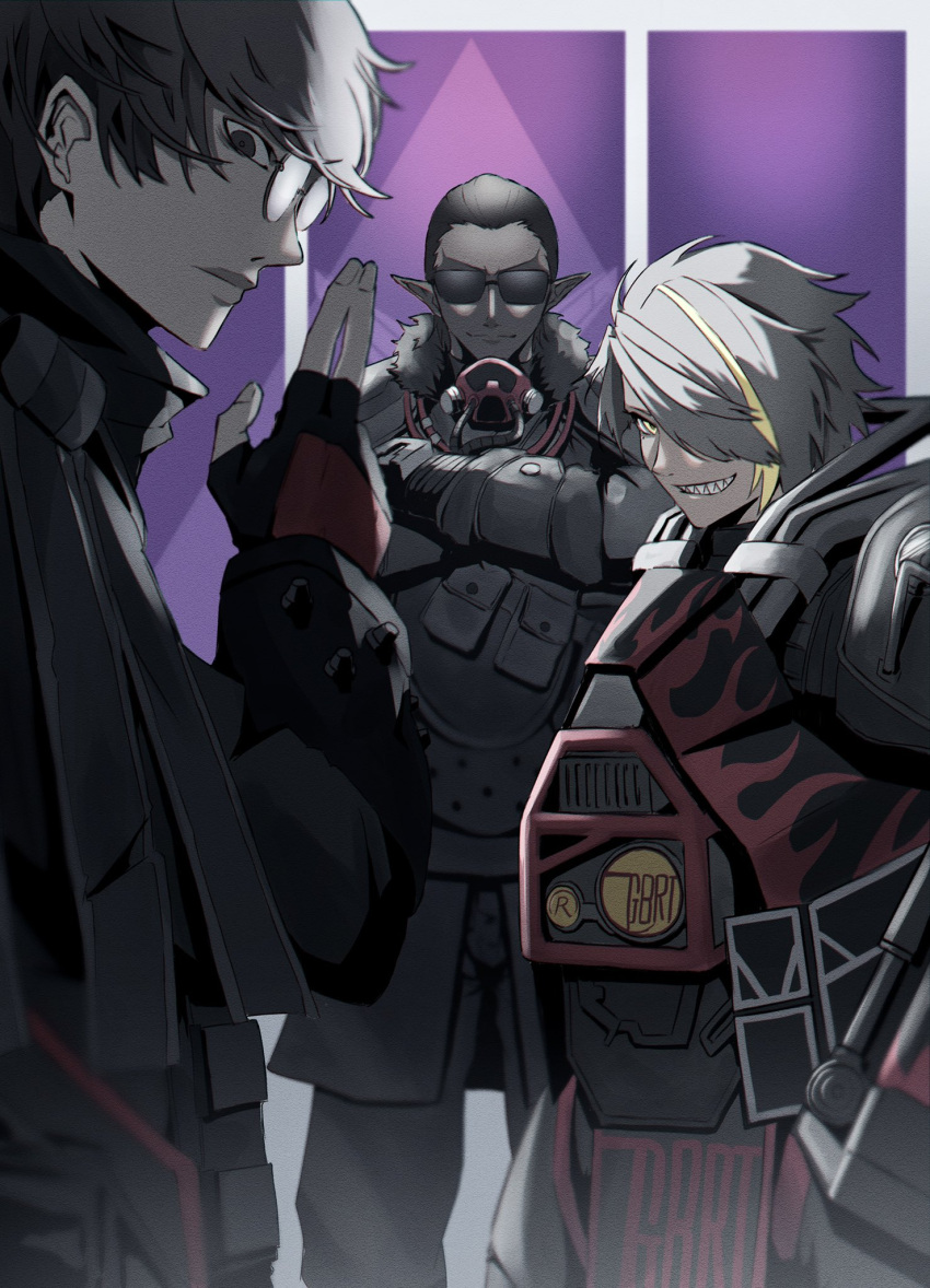 3boys, apex_legends, armor, black_bodysuit, black_gloves, black_hair, bloodhound_(apex_legends), bloodhound_(apex_legends)_(cosplay)