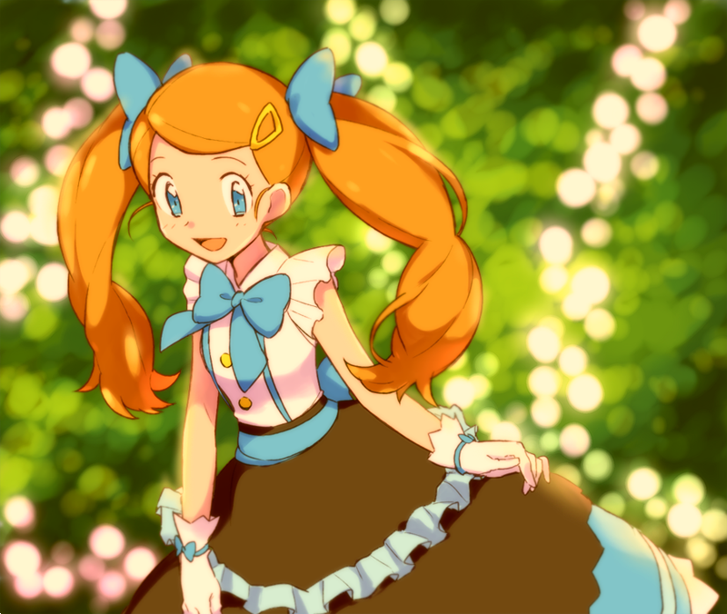 1girl, :d, alternate_hair_color, ame_(ame025), blue_bow, blue_eyes, blue_ribbon, blurry