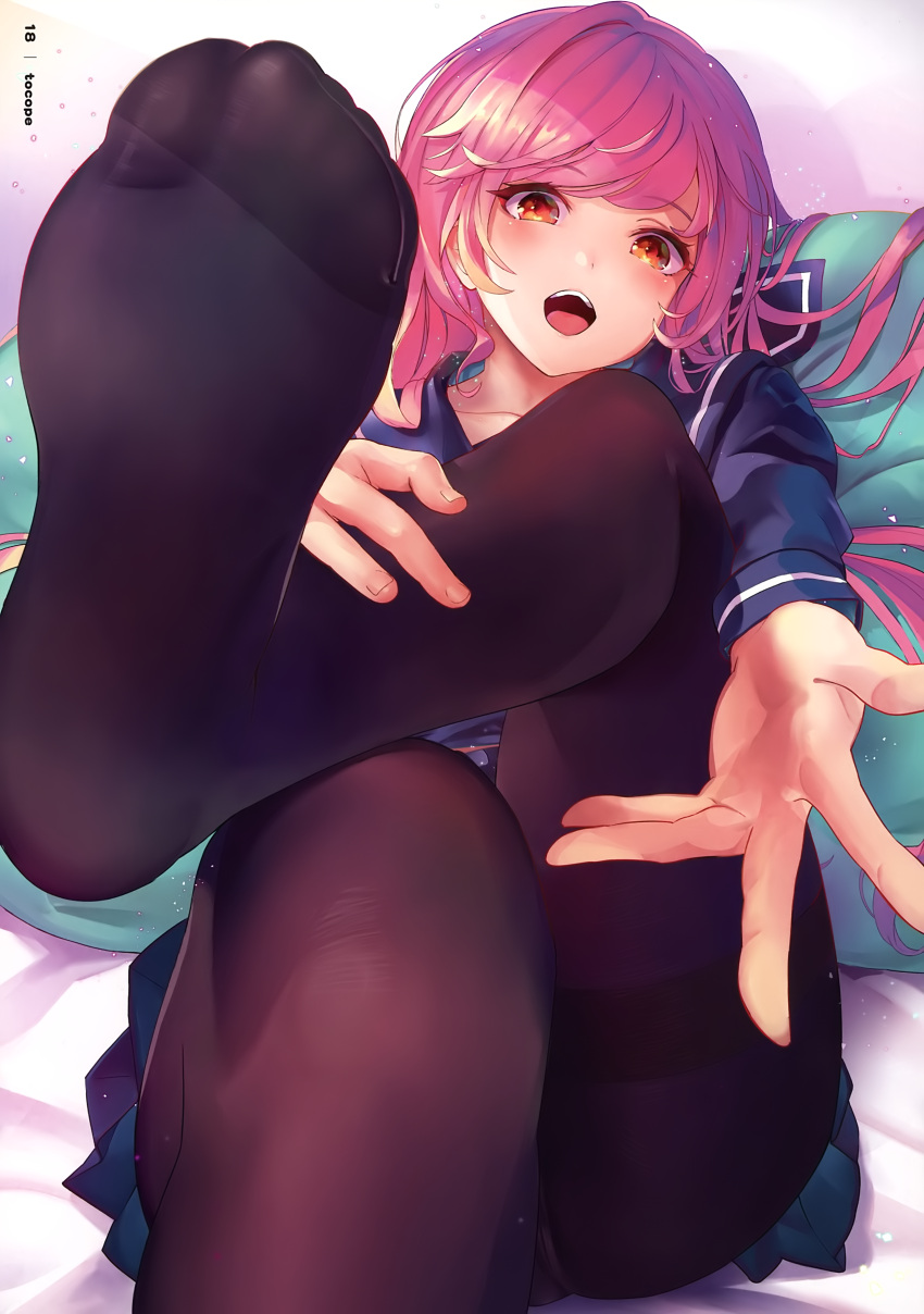 1girl, :d, absurdres, ass, black_serafuku, black_shirt, black_skirt, brown_legwear