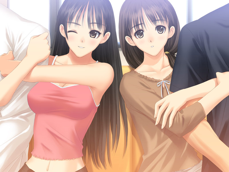 arm_hug, armpits, black_hair, breasts, camisole, cleavage, game_cg, large_breasts