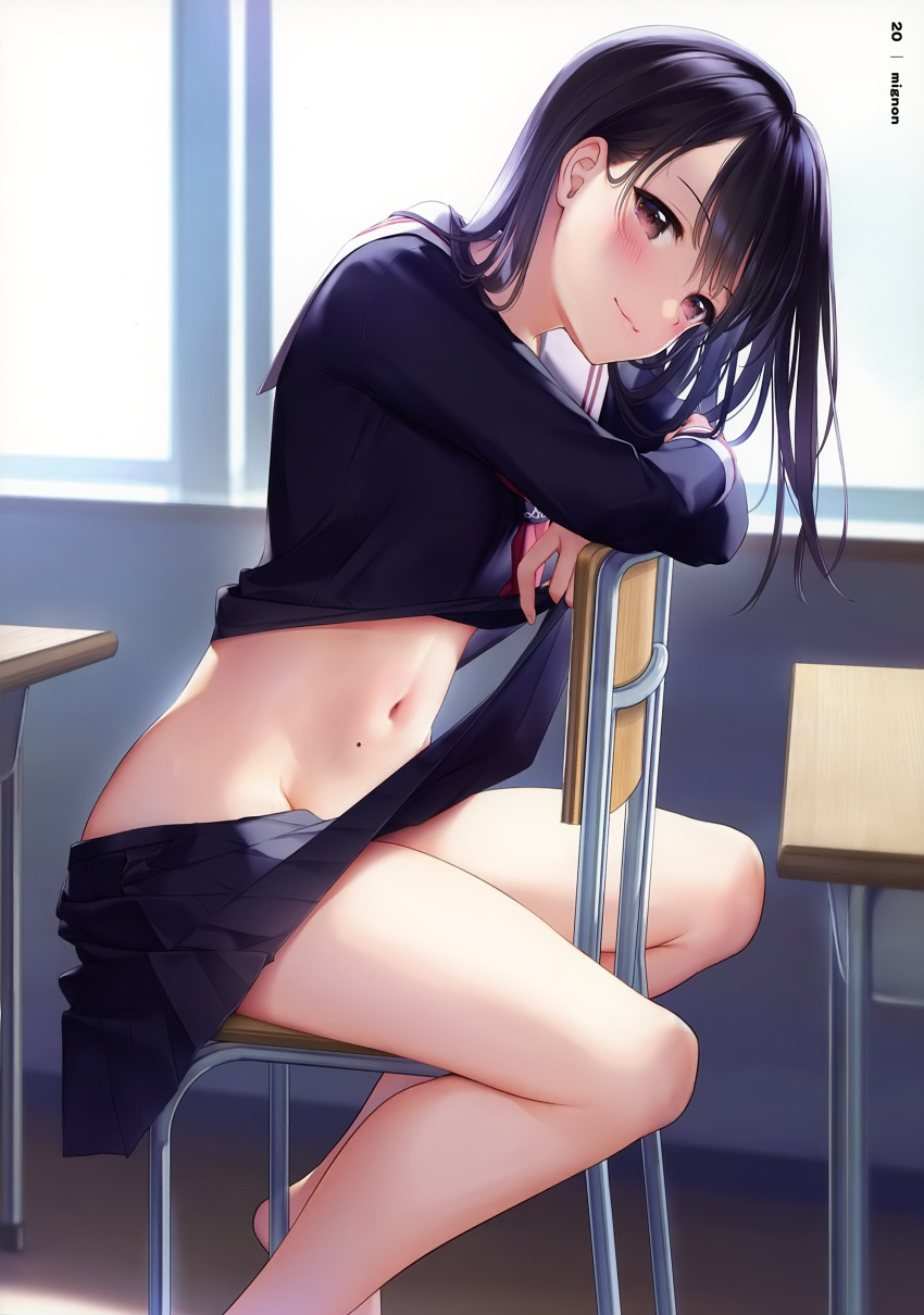 1girl, absurdres, barefoot, black_hair, black_serafuku, black_shirt, black_skirt, blush