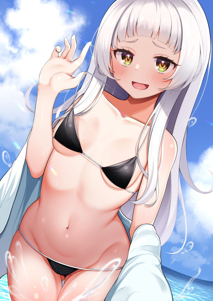 1girl, absurdres, alternate_costume, ass_visible_through_thighs, bikini, black_bikini, blue_sky, blush, breasts, clouds, cloudy_sky, commentary, cowboy_shot, day, dutch_angle, eyelashes, groin, highres, hololive, jacket, long_hair, looking_at_viewer, murasaki_shion, navel, ocean, off_shoulder, open_clothes, open_jacket, open_mouth, orange_eyes, outdoors, silver_hair, sky, small_breasts, smile, solo, stomach, straight_hair, strap_pull, string_bikini, suzutarou_gunsou, swimsuit, tareme, thigh_gap, thighs, virtual_youtuber, wading, water_drop, white_jacket