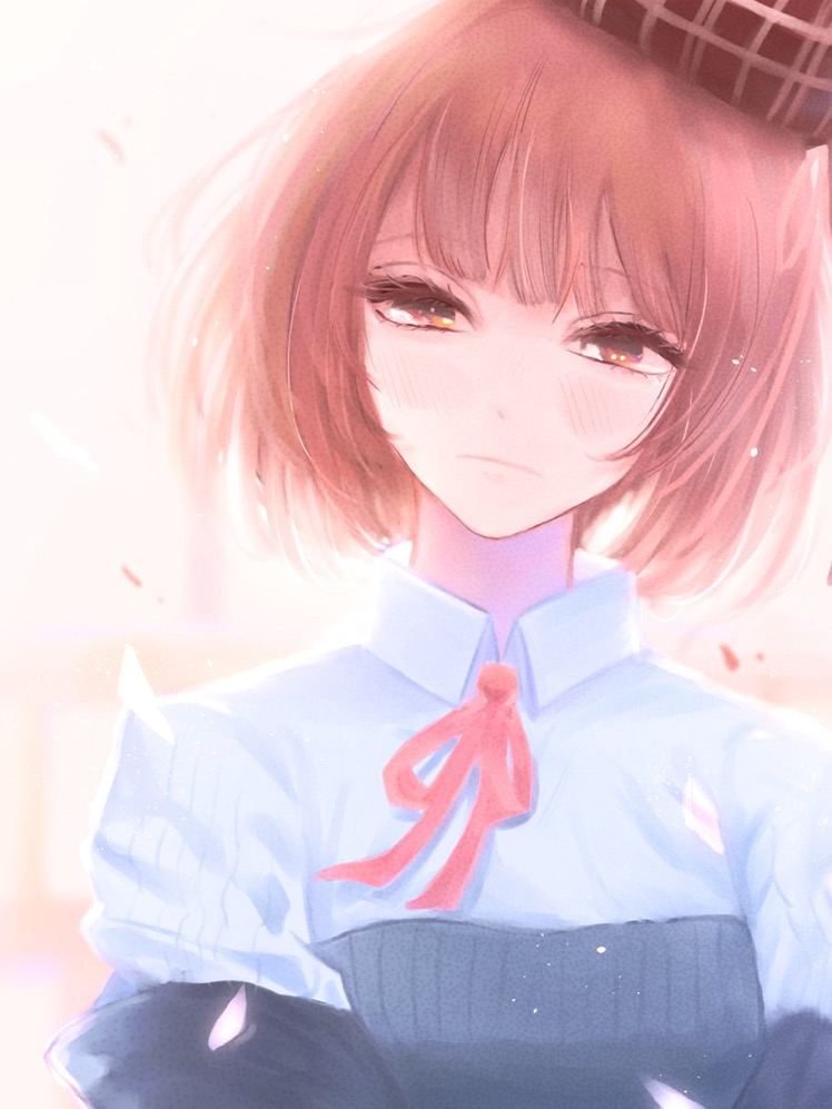 1girl, alma_(artist), arima_kana, bangs, blurry, blush, closed_mouth, hat, head_tilt, oshi_no_ko, petals, red_eyes, redhead, ribbon, shirt, uniform, white_shirt