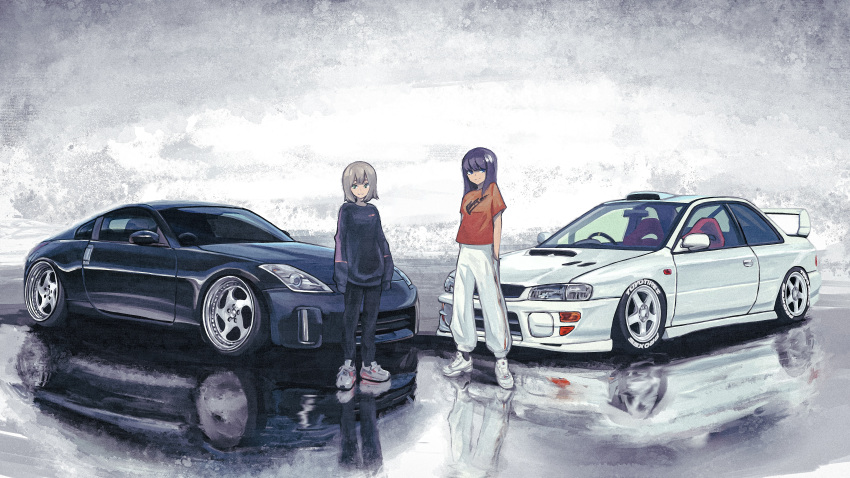2girls, absurdres, black_pants, black_sweater, blue_eyes, bokuya, car, grey_hair, ground_vehicle, hands_in_pockets, highres, long_hair, looking_to_the_side, motor_vehicle, multiple_girls, nissan, nissan_350z, orange_shirt, original, pants, shirt, shoes, short_hair, smile, sneakers, sweater, sweatpants, vehicle_focus, vehicle_request, white_footwear, white_pants