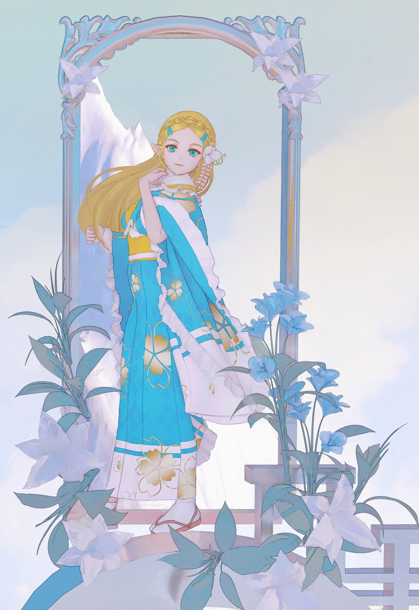 1girl, absurdres, blonde_hair, blue_background, blue_eyes, blue_kimono, braid, floral_print
