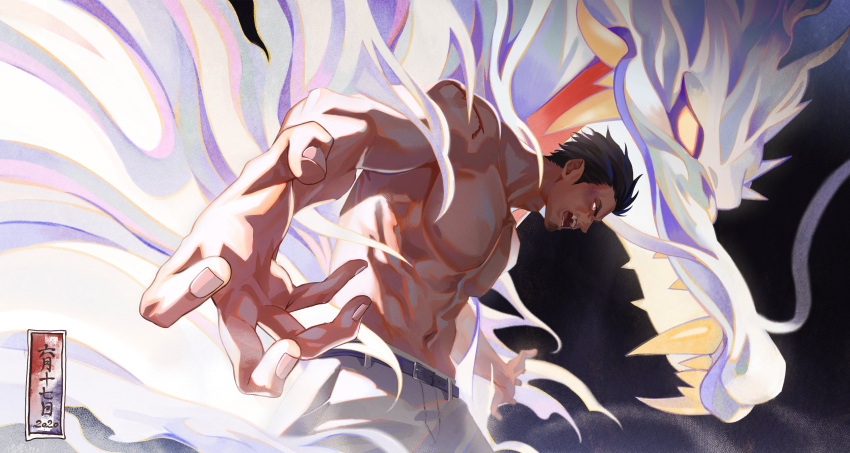 1boy, 2020, abs, absurdres, aura, birthday, black_background, black_hair, blood, cuts, dragon, eastern_dragon, fangs, glowing, glowing_eyes, grey_pants, hair_slicked_back, happy_birthday, highres, injury, irei_yukitoshi, kiryuu_kazuma, male_focus, manly, mature_male, muscular, open_hands, pants, pose, ryuu_ga_gotoku, ryuu_ga_gotoku_1, shirtless, short_hair, slash