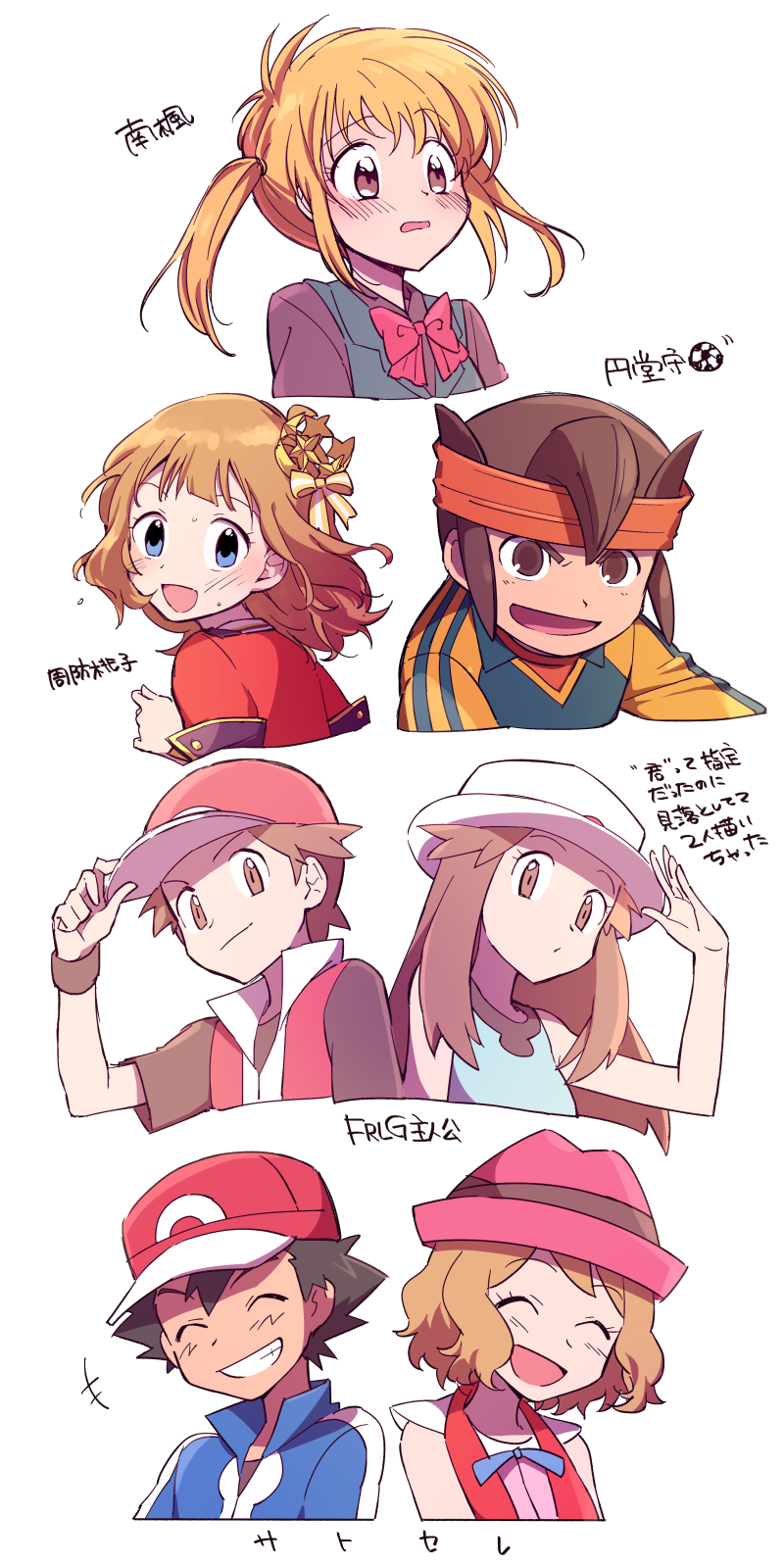 3boys, 4girls, :d, ame_(ame025), ash_ketchum, bangs, bare_arms, baseball_cap