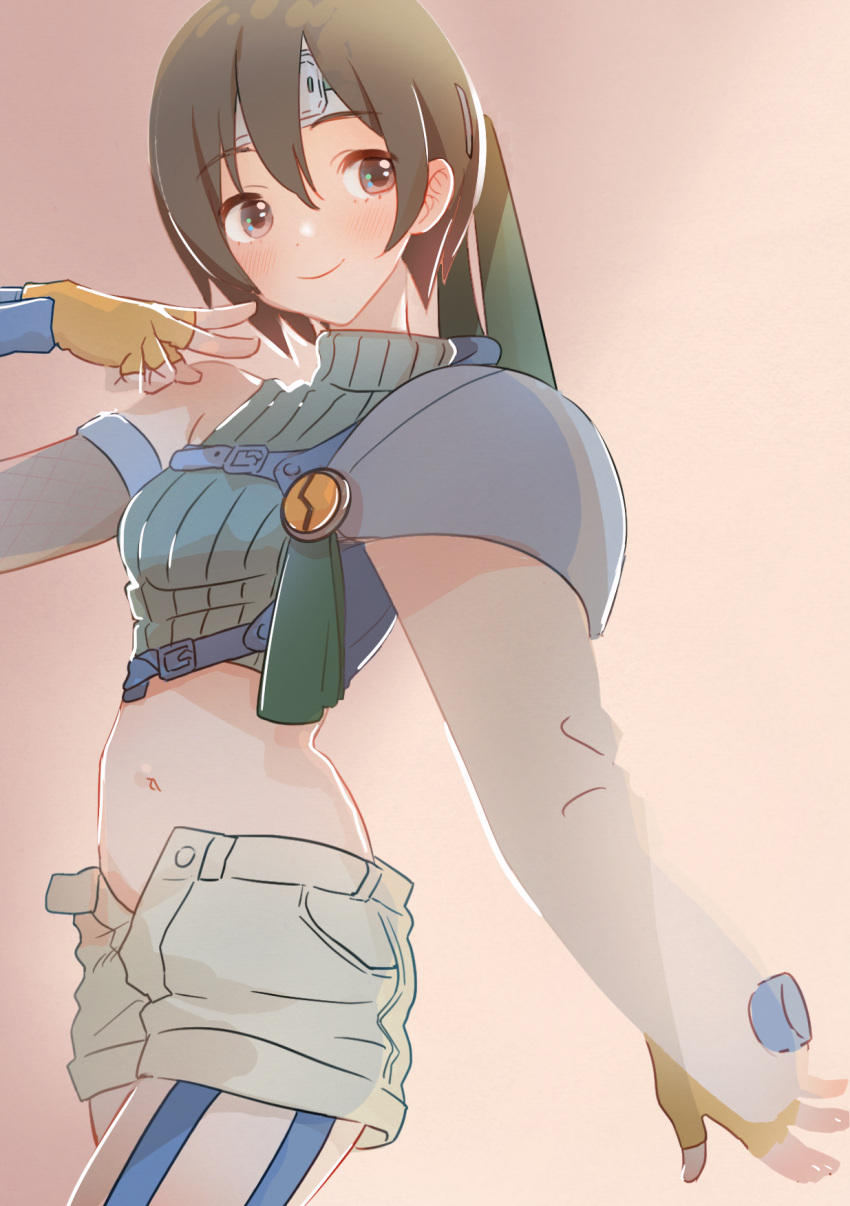 1girl, bangs, blush, brown_hair, brown_shorts, commentary, cowboy_shot, final_fantasy