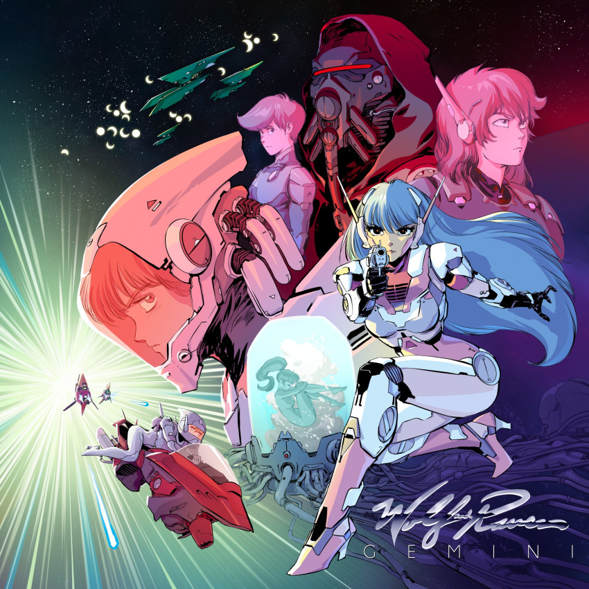 1990s_(style), aiming, air_bubble, album_cover, android, blue_hair, bubble, commission, cover, english_commentary, gas_mask, gun, handgun, helmet, highres, holding, holding_gun, holding_weapon, liquid, long_hair, manos_lagouvardos, one_knee, pistol, retro_artstyle, robot_ears, science_fiction, second-party_source, space, space_craft, spacesuit, speeder_bike, stasis_tank, submerged, textless, visor, weapon, wolf_and_raven