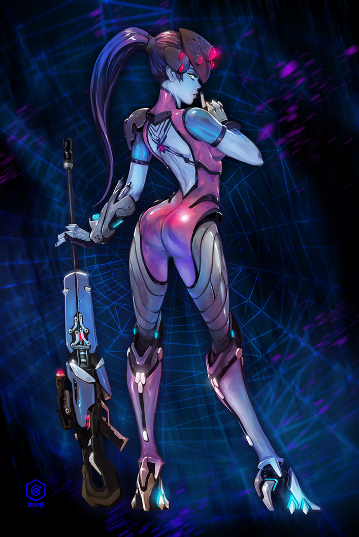1girl, arched_back, arm_tattoo, armor, ass, back_cutout, back_tattoo, black_nails, blue_skin, bodysuit, clothing_cutout, colored_skin, english_commentary, finger_to_mouth, fingernails, from_behind, full_body, gauntlets, greaves, gun, hair_pulled_back, head_mounted_display, high_heels, long_hair, looking_at_viewer, looking_back, manos_lagouvardos, overwatch, pauldrons, planted, ponytail, purple_bodysuit, purple_hair, rifle, shoulder_armor, shushing, single_gauntlet, single_pauldron, sniper_rifle, solo, spider_tattoo, spider_web_background, tattoo, weapon, widowmaker_(overwatch), yellow_eyes