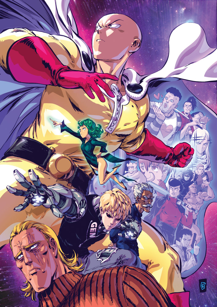 1girl, 6+boys, atomic_samurai, bald, bang_(one-punch_man), bankenman, blonde_hair, butagami