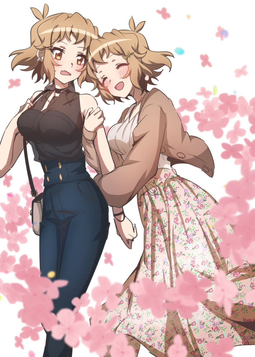2girls, arm_hug, bare_shoulders, black_neckwear, blonde_hair, blue_pants, blush, bow, breasts, choker, closed_eyes, hair_bow, hair_ornament, highres, jewelry, large_breasts, looking_at_another, multiple_girls, necklace, open_mouth, pants, selfcest, senki_zesshou_symphogear, shiny, shiny_hair, short_hair, smile, tachibana_hibiki_(symphogear), yukitsuba_hina, yuri