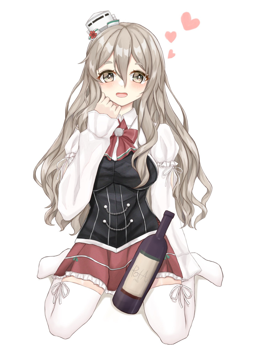 1girl, bottle, bow, bowtie, brown_eyes, corset, grey_hair, hat
