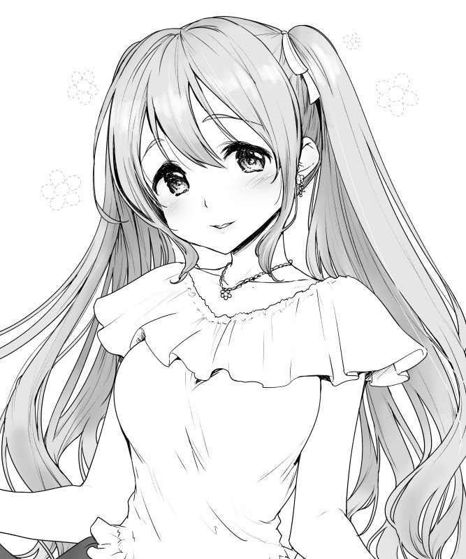 1girl, blush, copyright_request, dress, greyscale, head_tilt, jewelry, kazabuki_poni