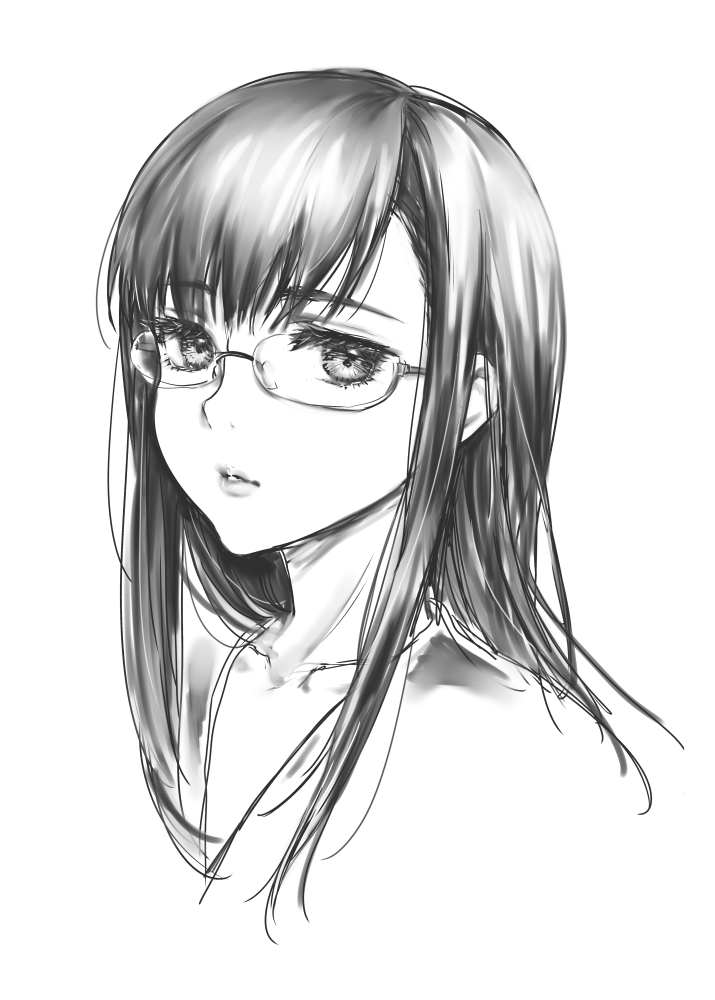 1girl, eyelashes, glasses, greyscale, kazabuki_poni, long_hair, looking_at_viewer, monochrome