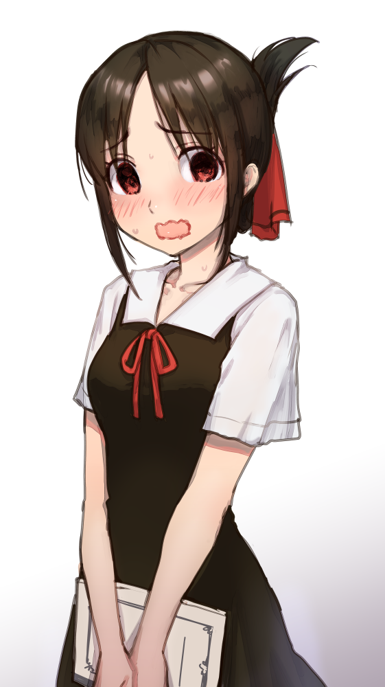 1girl, black_dress, blush, brown_hair, dress, embarrassed, folded_ponytail, hair_ornament