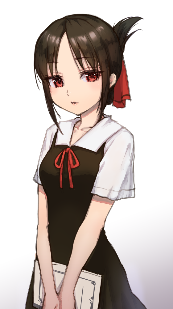 1girl, black_dress, brown_hair, dress, folded_ponytail, hair_ornament, holding, kaguya-sama_wa_kokurasetai_~tensai-tachi_no_renai_zunousen~
