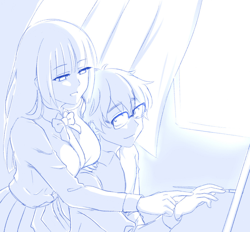 1boy, 1girl, blue_theme, bow, bowtie, breasts, breasts_on_shoulders, brush