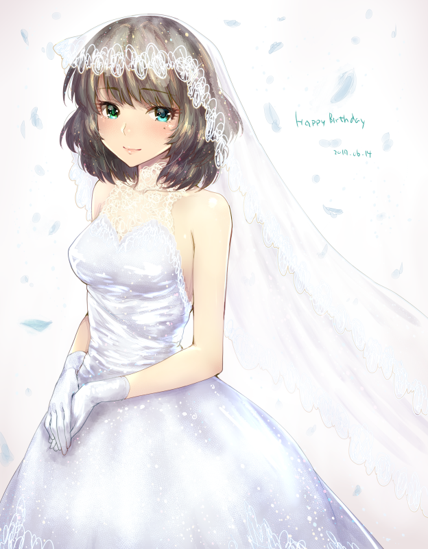 1girl, bare_shoulders, blue_eyes, blush, breasts, bridal_veil, brown_hair, closed_mouth, dated, dress, english_text, gloves, green_eyes, happy_birthday, heterochromia, idolmaster, idolmaster_cinderella_girls, kazabuki_poni, looking_at_viewer, medium_breasts, mole, mole_under_eye, own_hands_together, smile, solo, standing, takagaki_kaede, veil, wedding_dress, white_dress, white_gloves