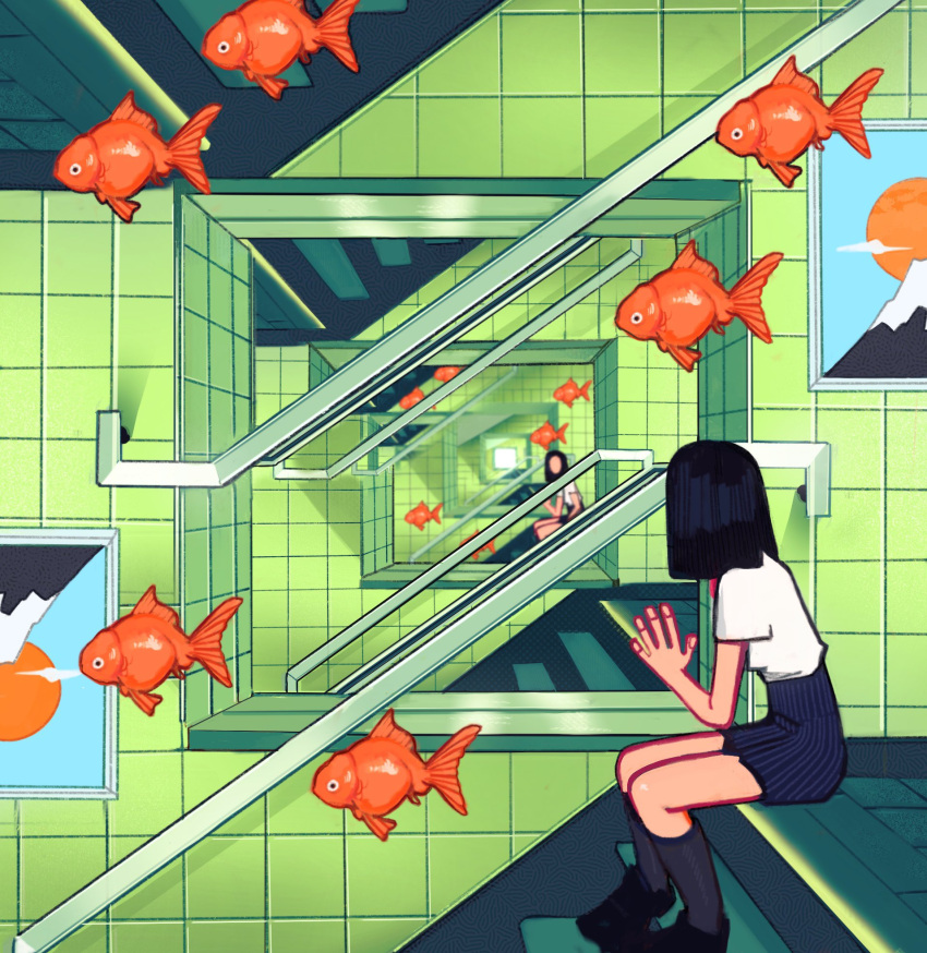 2girls, black_footwear, black_hair, black_legwear, black_skirt, cutiicosmo, fish, floating